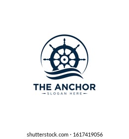 marine retro emblems logo with anchor rope and ship wheel, anchor logo - vector