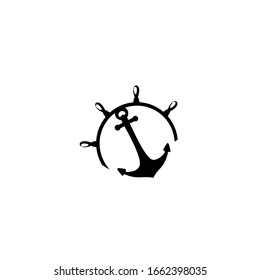 logotipo del retro marino con ancla y rueda del buque, logotipo de ancla. Ilustración vectorial sobre fondo blanco.