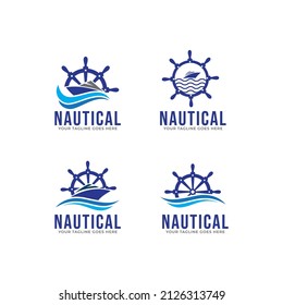 marine retro emblems logo with anchor rope and ship wheel, anchor logo - vector