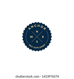 marine retro emblems logo with sailor compass, anchor logo - vector