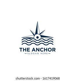 marine retro emblems logo with sailor compass, anchor logo - vector