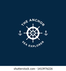 marine retro emblems logo with ship wheel  anchor logo - vector