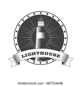 Marine retro vintage logo with lighthouse. Vector illustration.