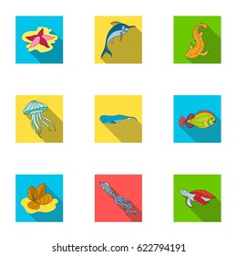 Marine and river inhabitants. Fish, whales, octopuses.Sea animals icon in set collection on flat style vector symbol stock illustration.