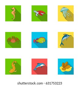 Marine and river inhabitants. Fish, whales, octopuses.Sea animals icon in set collection on flat style vector symbol stock illustration.