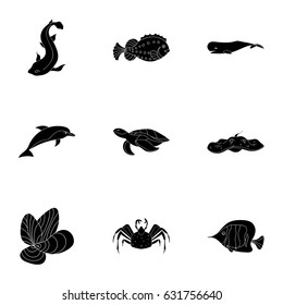 Marine and river inhabitants. Fish, whales, octopuses.Sea animals icon in set collection on black style vector symbol stock illustration.