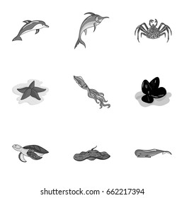 Marine and river inhabitants. Fish, whales, octopuses.Sea animals icon in set collection on monochrome style vector symbol stock illustration.