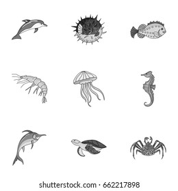 Marine and river inhabitants. Fish, whales, octopuses.Sea animals icon in set collection on monochrome style vector symbol stock illustration.