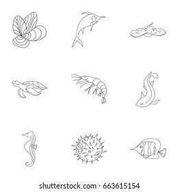 Marine and river inhabitants. Fish, whales, octopuses.Sea animals icon in set collection on outline style vector symbol stock illustration.