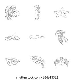 Marine and river inhabitants. Fish, whales, octopuses.Sea animals icon in set collection on outline style vector symbol stock illustration.