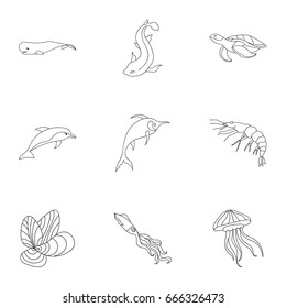 Marine and river inhabitants. Fish, whales, octopuses.Sea animals icon in set collection on outline style vector symbol stock illustration.