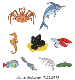 Marine and river inhabitants. Fish, whales, octopuses.Sea animals icon in set collection on cartoon style vector symbol stock illustration.