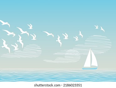 Marine romantic seascape background with clouds, waves, yacht and flying seagulls. Vector illustration, greeting card.