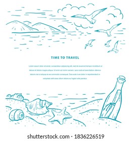 Marine romantic sketch vector template. Sketch with beach, seagulls, seashells, sea star and message in the bottle. Travel concept.  Design for flyer, card, invitation, web banners in blue color