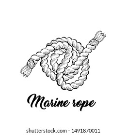 Marine rope black and white vector illustration. Sea vessel, boat, yacht equipment sketched outline. Strong twisted cord for nautical transport monochrome engraving. Coloring book illustration