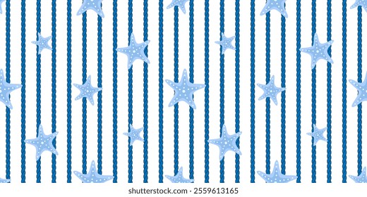 Marine rope with cute starfish seamless pattern, nautical modern style, summertime vacation concept design print background