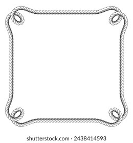 Marine rope frame with loops in corners, square  nautical frame with rope border, vector