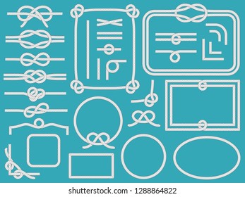 Marine rope frame. Vintage nautical sling corners, boat ropes and navy knots frames. Yacht bow node rope or nautical knot. Sailor cordage border isolated vector symbols set