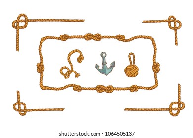 Marine rope frames and knots isolated vector set