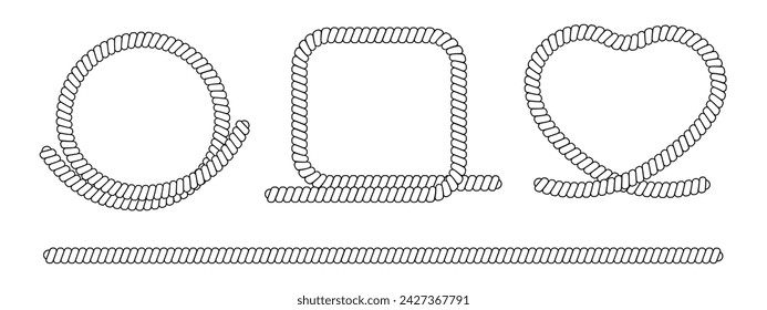 Marine Seil Rahmen gesetzt. Gerade Seil. Kreis, Quadrat, Herzform. Verschiedene monochrome nautische Seilrahmen-Rahmen. Isoliert. Vector Marine Garn Elemente für Zertifikat, Diplom Design.