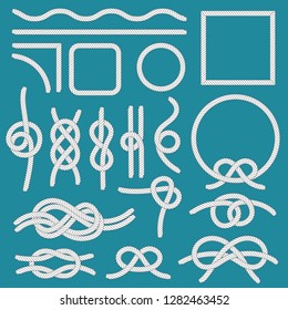 Marine rope knot. Ropes frames, cordage knots and decorative cord divider. Nautical tied sea boat knot marine ropes isolated vector icons set