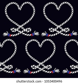 Marine rope knot seamless pattern. Endless navy illustration with heart rope ornament and nautical knots on navy blue  background. For fashion fabric, wallpaper,and all prints