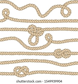 Marine rope knot seamless pattern. Endless navy illustration with white rope ornament and nautical knots on dark background. For fabric, wallpaper, wrapping. Figure 8, overhand and slip knots.