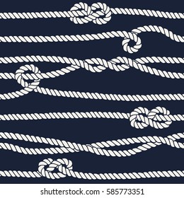 Marine rope knot seamless pattern. Endless navy illustration with white rope ornament and nautical knots on dark background. For fabric, wallpaper, wrapping. Figure 8, overhand and half knots.