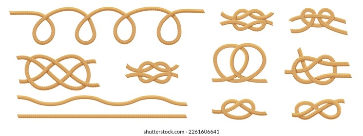Marine rope knots. Vector illustration of jute patterns isolated on white. Antique cords of various shapes. Seamless brown ropes.