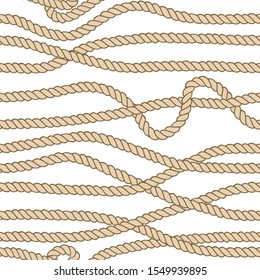 Marine rope line seamless pattern. Endless navy illustration with white rope ornament, loops and wavy lines on dark background. For fabric, wallpaper, wrapping.
