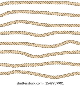 Marine rope line seamless pattern. Endless navy illustration with beige rope ornament, horizontal wavy lines on dark blue background. Trendy textured backdrop. Vector for fabric, wallpaper, wrapping