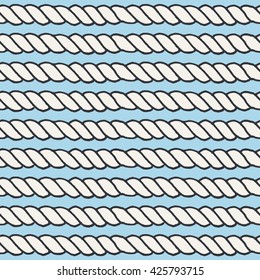 Marine rope line seamless pattern. Endless navy illustration with white cord ornament, horizontal strokes on light blue background. Trendy textured backdrop. For fabric, wallpaper, wrapping.