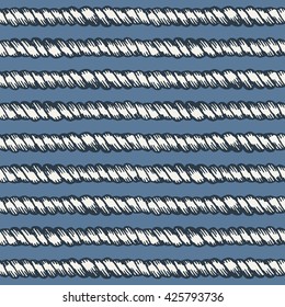 Marine rope line seamless pattern. Endless navy illustration with white grunge cord ornament, horizontal strokes on blue background. Trendy textured backdrop. For fabric, wallpaper, wrapping.