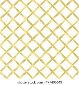 Marine rope line seamless pattern. Endless navy illustration with yellow rope ornament, crossing cord strokes on white background. Trendy textured backdrop. Vector for fabric, wallpaper, wrapping.