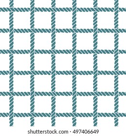 Marine rope line seamless pattern. Endless navy illustration with green rope ornament, crossing cord strokes on white background. Trendy textured backdrop. Vector for fabric, wallpaper, wrapping.