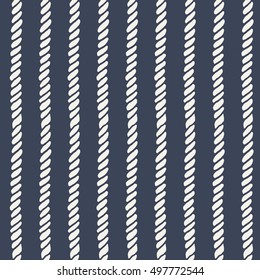 Marine rope line seamless pattern. Endless navy illustration with white vertical rope ornament on dark blue background. Trendy cord backdrop. Vector for fabric, wallpaper, wrapping.