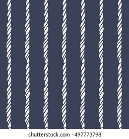 Marine rope line seamless pattern. Endless navy illustration with white vertical rope ornament on dark blue background. Trendy cord backdrop. Vector for fabric, wallpaper, wrapping.