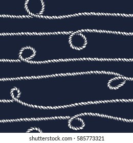 Marine rope line seamless pattern. Endless navy illustration with white rope ornament. Loops on dark background. For fabric, wallpaper, wrapping.