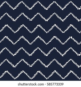 Marine rope line seamless pattern. Endless navy illustration with beige rope ornament, horizontal cord chevron on dark blue background. Trendy textured backdrop. Vector for fabric, wallpaper, wrapping