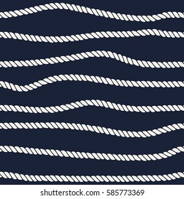 Marine rope line seamless pattern. Endless navy illustration with beige rope ornament, horizontal wavy lines on dark blue background. Trendy textured backdrop. Vector for fabric, wallpaper, wrapping