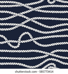 Marine rope line seamless pattern. Endless navy illustration with white rope ornament, loops and wavy lines on dark background. For fabric, wallpaper, wrapping.