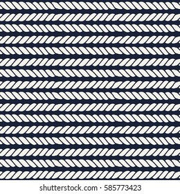 Marine rope line seamless pattern. Endless navy illustration with beige rope ornament, horizontal cord strokes on dark blue background. Trendy textured backdrop. Vector for fabric, wallpaper, wrapping