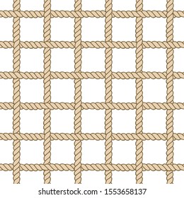 Marine rope net seamless pattern. Endless navy illustration with beige rope ornament, horizontal and vertical cord strokes on white background. Trendy textured backdrop. Fabric, wallpaper, wrapping