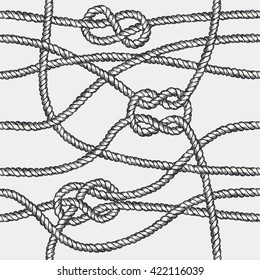 Seeseil-nahtloses Muster. Endlose Marinegrafik mit grauem Nabelschmuck und nautischen Knoten auf weißem Hintergrund. Für Stoff, Tapete, Umhüllung. Abbildung 8, Bogen-Kurve und quadratische Zeichen.