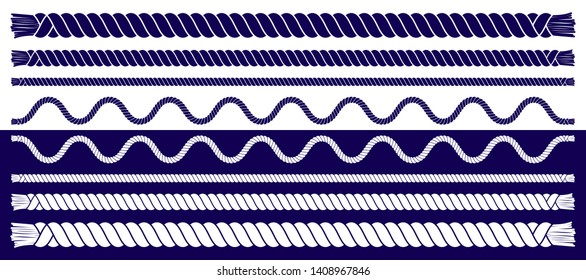 Marine rope set on the white and blue background. Nautical vintage decorative elements. Navy style graphic design. Vector illustration EPS 10.