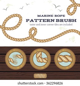 Marine rope style vector pattern brush with outer and inner corner tiles, end and start tiles. 
Observation windows and  wood plates texture are included too. EPS8
  