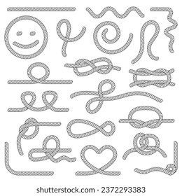 Marine ropes collection. Nautical rope and knots, sea or ocean adventures elements. Decorative brushes, abstract decent vector graphic borders