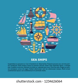Marine round concept with ship icons in flat style
