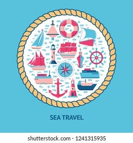 Marine round concept with ship icons in flat style
