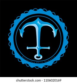 Marine round retro emblem in hipster style with anchor.Color versions on a dark background.